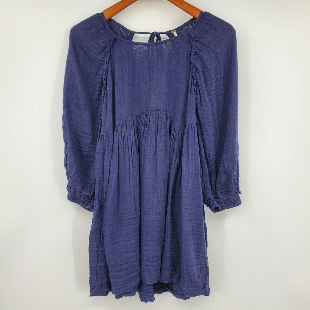 Free People Adler Blue‎ Gauze Babydoll Tunic Mini Dress Ruffle Back Tie XS Boho